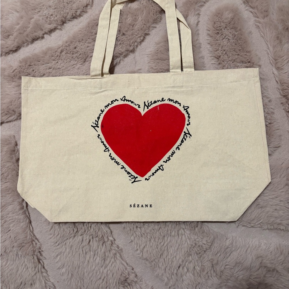 Sezane Cream Tote Bag with Red Heart